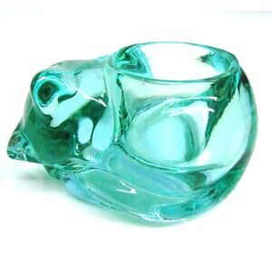 Indiana Glass Cat Candle Holder Tea Light Votive Green Ring Dish Paperweight Vtg